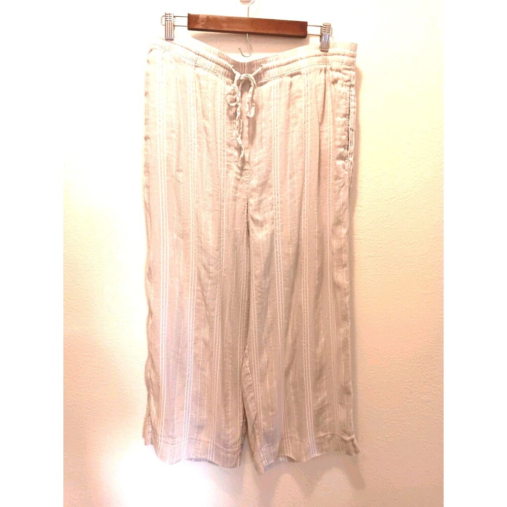 DKNY Pure Linen Blend Wide Leg Crop Pants Beige Stripe Elastic Drawstring XL